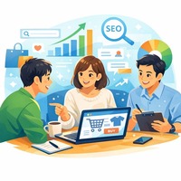 ECサイトの運用や改善をチームで支援するWEBマーケティングのイメージイラスト