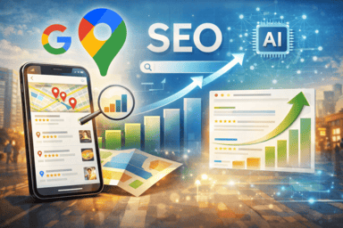 Googleマップ運用がSEOとAI検索に影響するイメージ
Googleマップ（MEO対策）がSEOやAI検索（AIO・LLMO）にも影響することを表現したビジュアル。検索順位の向上、AIによる情報引用、マップ表示の最適化など、現代のWEBマーケティングにおける統合的な集客戦略を示しています。