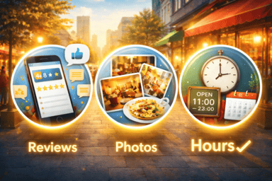 口コミ・写真・営業時間が店舗選びに影響するイメージ
Googleマップにおいて、ユーザーが店舗選びの際に重視する「口コミ・写真・営業時間」の3つの要素を視覚的に表現した画像。来店前の意思決定に大きく影響する情報であり、MEO対策において最も重要なポイントを示してい