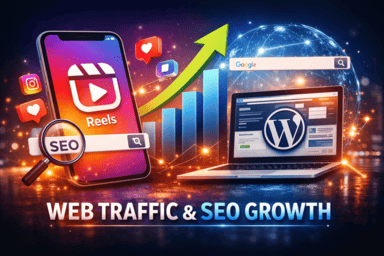 Instagram Reels marketing strategy showing web traffic growth SEO optimization and WordPress integration concept