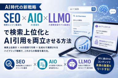 SEO・AIO・LLMOを組み合わせて検索上位化とAI引用を実現するAI時代のWebマーケティング戦略イメージ