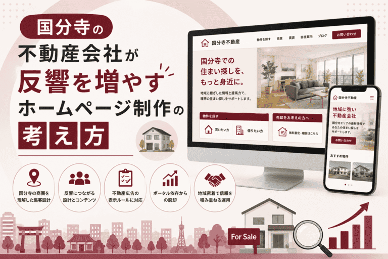 国分寺の不動産会社が反響を増やすためのホームページ制作の設計ポイントを解説するイメージ