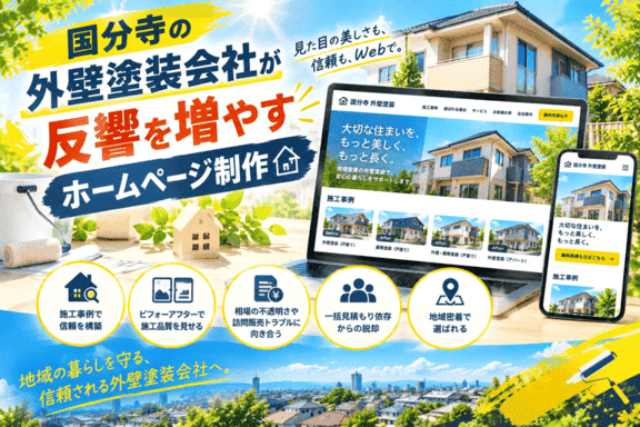 国分寺の外壁塗装会社がビフォーアフターで無料現地調査・見積相談・問い合わせを増やすホームページ制作を解説するイメージ
