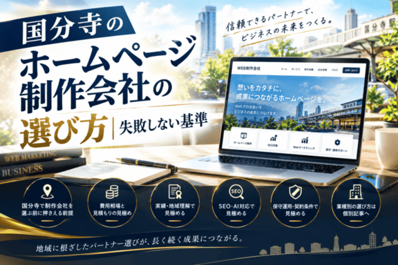 国分寺でホームページ制作会社を費用・実績・SEO対応・保守運用・契約条件・地域理解の基準で選ぶ方法を解説するイメージ