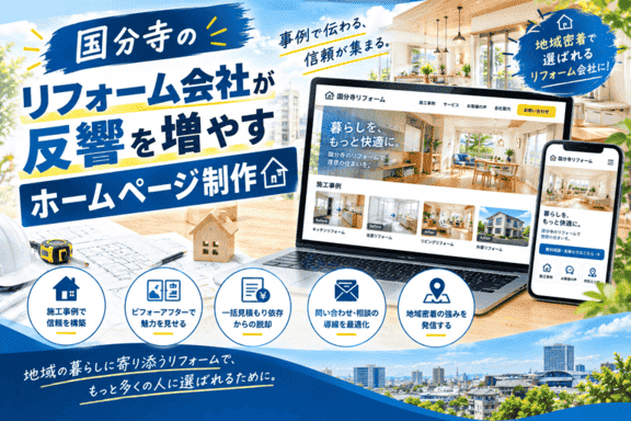 国分寺のリフォーム会社が施工事例のビフォーアフターで現地調査・見積相談・問い合わせを増やすホームページ制作を解説するイメージ